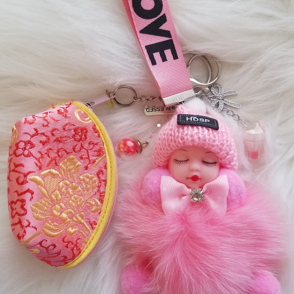Pink Fur Baby Doll Keychain with Embroidered Pouch